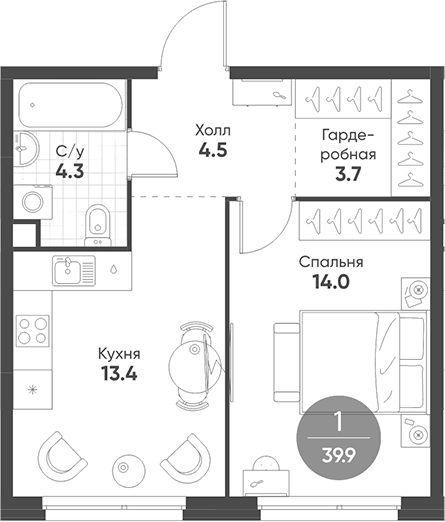 Планировка — Shagal, 1-комн., 40 м²