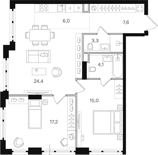 Планировка — Назаре. Мангазея в Богородском, 3-комн., 78 м²