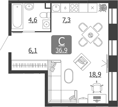 Планировка — Shagal, Студия, 37 м²