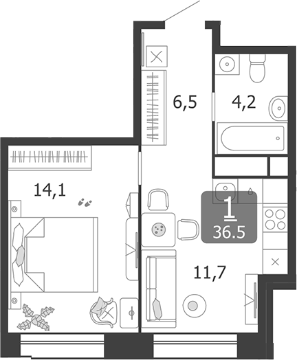 Планировка — Shagal, 1-комн., 37 м²