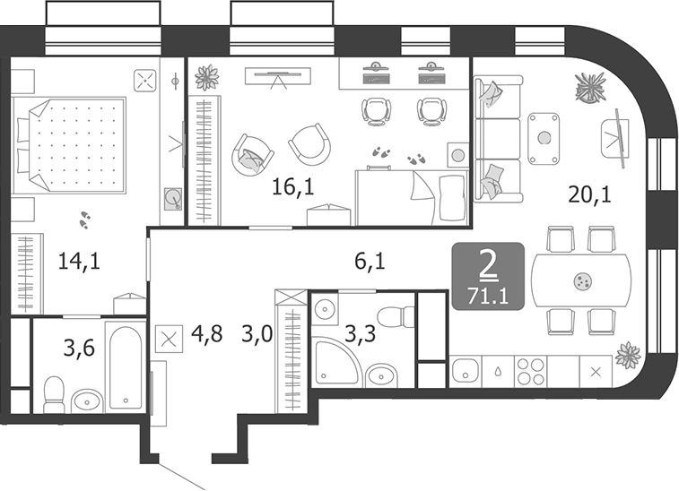 Планировка — Shagal, 3-комн., 71 м²