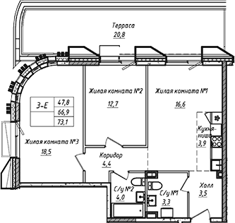 Планировка — УНО.Соколиная гора, 3-комн., 67 м²