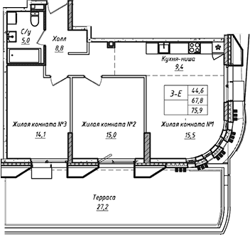 Планировка — УНО.Соколиная гора, 3-комн., 68 м²