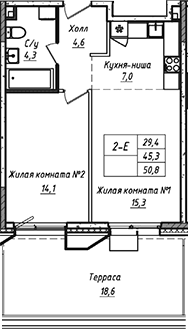 Планировка — УНО.Соколиная гора, 2-комн., 45 м²