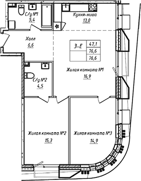 Планировка — УНО.Соколиная гора, 3-комн., 77 м²