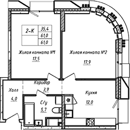 Планировка — УНО.Соколиная гора, 2-комн., 61 м²