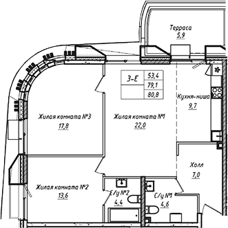 Планировка — УНО.Соколиная гора, 3-комн., 79 м²