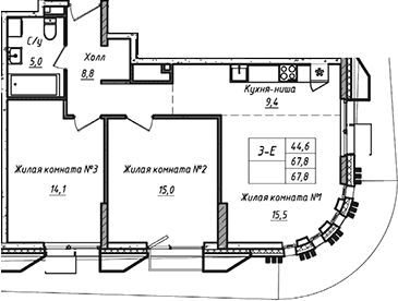 Планировка — УНО.Соколиная гора, 3-комн., 68 м²