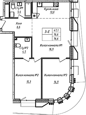 Планировка — УНО.Соколиная гора, 3-комн., 77 м²