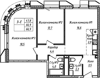 Планировка — УНО.Соколиная гора, 3-комн., 67 м²