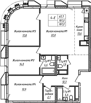 Планировка — УНО.Соколиная гора, 4-комн., 107 м²
