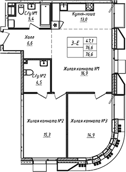Планировка — УНО.Соколиная гора, 3-комн., 77 м²