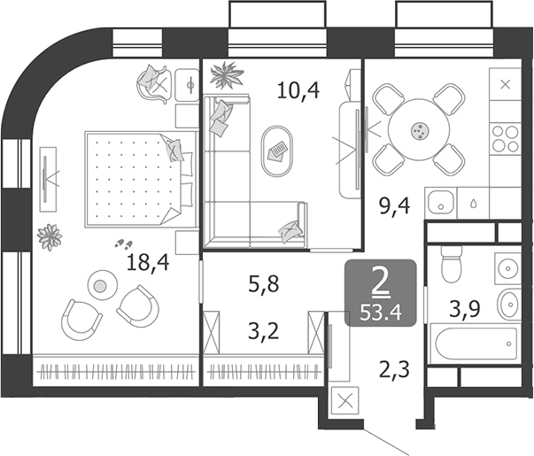 Планировка — Shagal, 2-комн., 53 м²