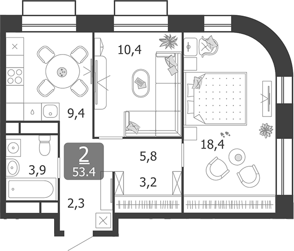 Планировка — Shagal, 2-комн., 53 м²