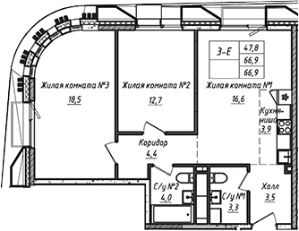 Планировка — УНО.Соколиная гора, 3-комн., 67 м²