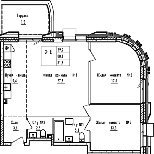Планировка — УНО.Соколиная гора, 3-комн., 80 м²