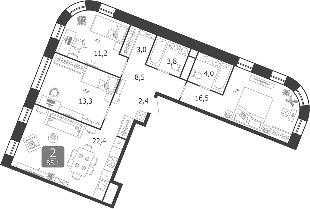 Планировка — Shagal, 4-комн., 85 м²