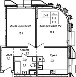 Планировка — УНО.Соколиная гора, 2-комн., 61 м²
