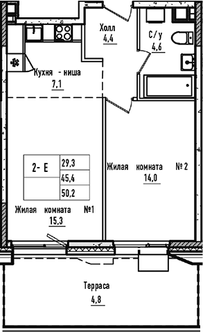 Планировка — УНО.Соколиная гора, 2-комн., 45 м²