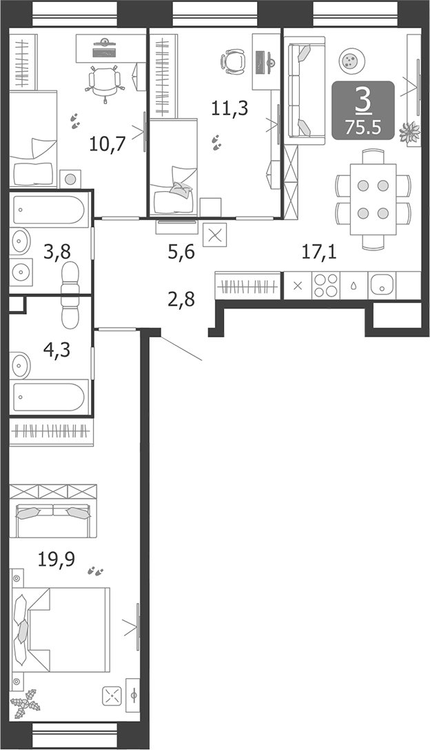 Планировка — Shagal, 4-комн., 76 м²