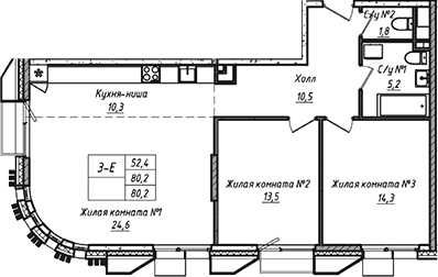Планировка — УНО.Соколиная гора, 3-комн., 80 м²