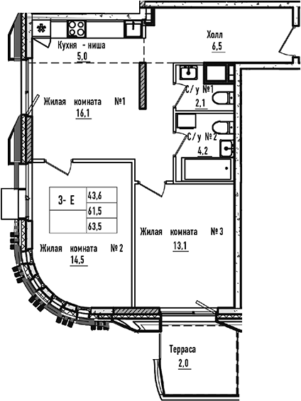 Планировка — УНО.Соколиная гора, 3-комн., 62 м²