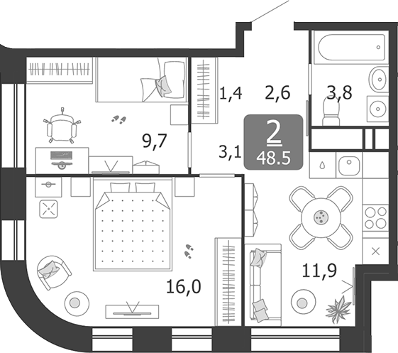 Планировка — Shagal, 2-комн., 49 м²