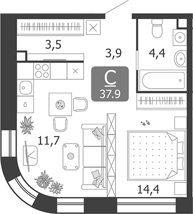 Планировка — Shagal, Студия, 38 м²