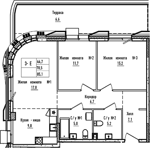 Планировка — УНО.Соколиная гора, 3-комн., 79 м²