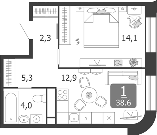 Планировка — Shagal, 1-комн., 39 м²