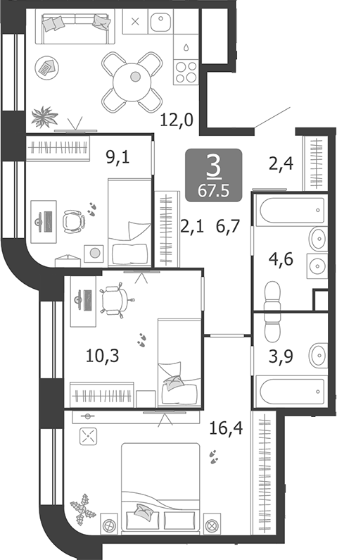 Планировка — Shagal, 3-комн., 68 м²
