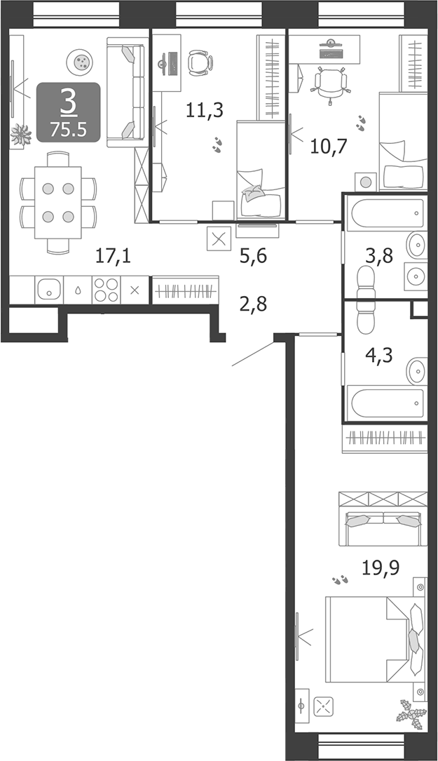 Планировка — Shagal, 4-комн., 76 м²