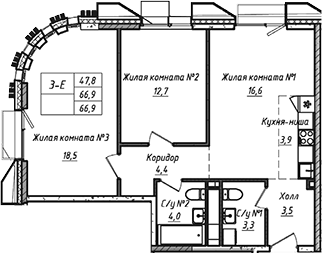 Планировка — УНО.Соколиная гора, 3-комн., 67 м²