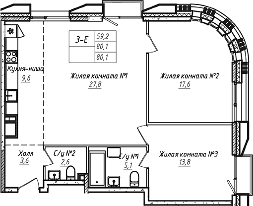 Планировка — УНО.Соколиная гора, 3-комн., 80 м²