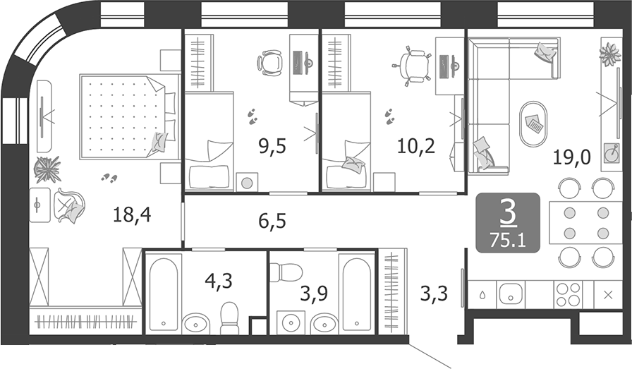 Планировка — Shagal, 4-комн., 75 м²