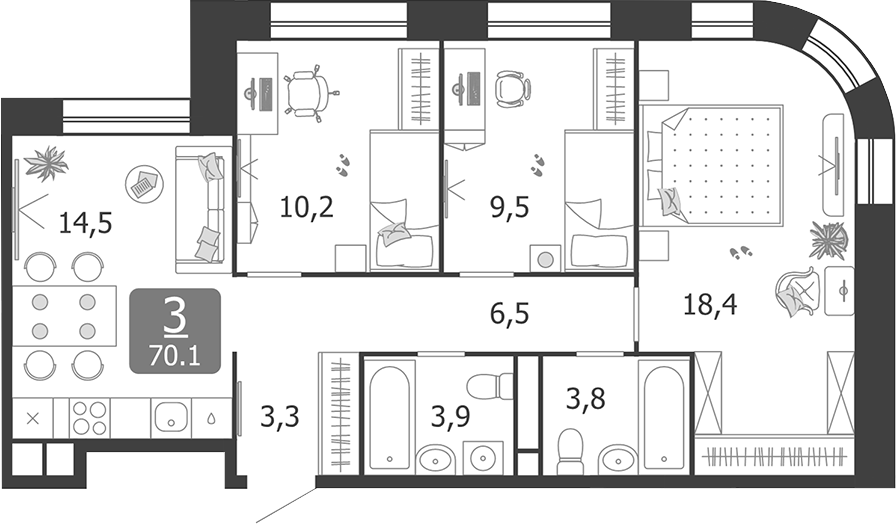 Планировка — Shagal, 3-комн., 70 м²