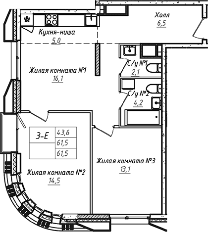 Планировка — УНО.Соколиная гора, 3-комн., 62 м²
