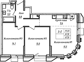 Планировка — УНО.Соколиная гора, 3-комн., 68 м²