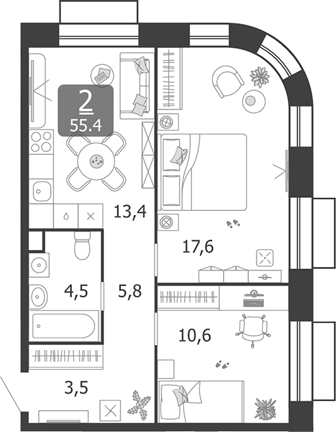 Планировка — Shagal, 2-комн., 55 м²