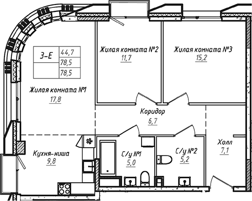 Планировка — УНО.Соколиная гора, 3-комн., 79 м²