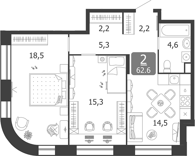 Планировка — Shagal, 2-комн., 63 м²