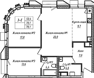 Планировка — УНО.Соколиная гора, 3-комн., 79 м²