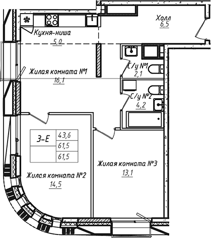 Планировка — УНО.Соколиная гора, 3-комн., 62 м²