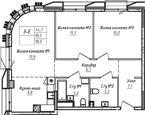 Планировка — УНО.Соколиная гора, 3-комн., 79 м²