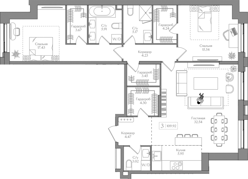 Планировка — Преображенская площадь, 3-комн., 110 м²