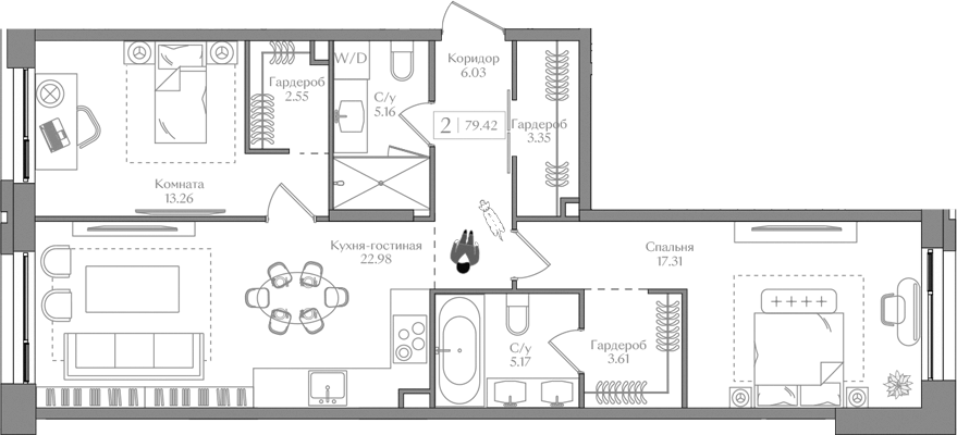 Планировка — Преображенская площадь, 3-комн., 79 м²