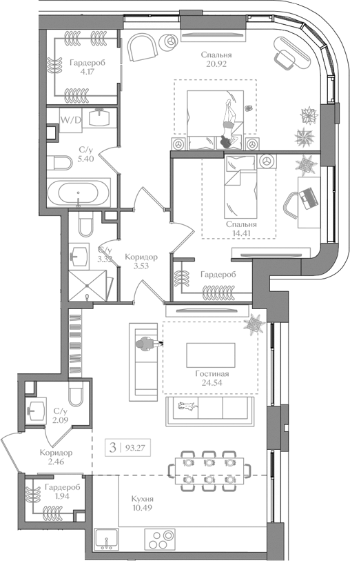 Планировка — Преображенская площадь, 3-комн., 93 м²