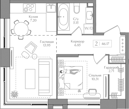 Планировка — Преображенская площадь, 2-комн., 46 м²