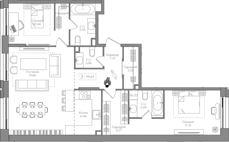 Планировка — Преображенская площадь, 3-комн., 100 м²