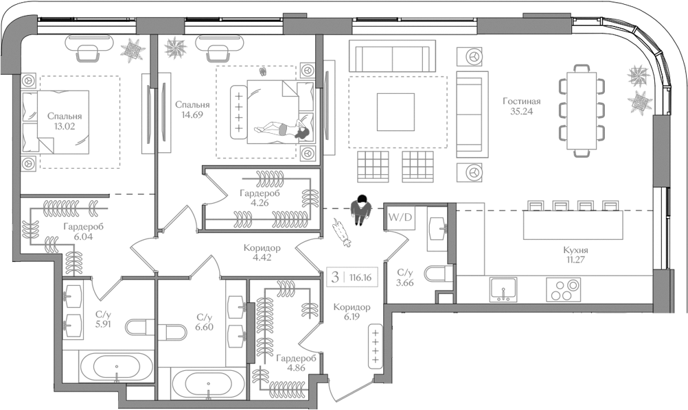 Планировка — Преображенская площадь, 3-комн., 116 м²